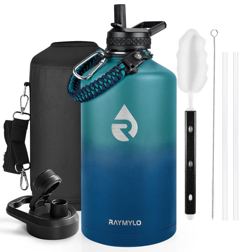 RAYMYLO One Gallon Water Bottle Insulated 128 oz, Stainless Steel | Triple Walled Vacuum (Cold for 48 Hrs), Leak Proof & Non-BPA, Large Water Flask Jug with Paracord Handle & Straw Spout Lids