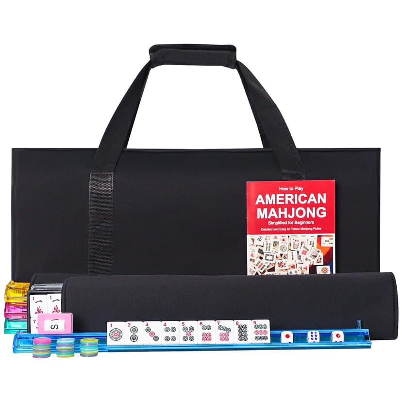 GUSTARIA American Mahjong Game Set, 166 Premium White Tiles, 4 All-in-One Color Rack/Pushers, Classic Complete Mahjong Tile Set with Black Carrying Bag