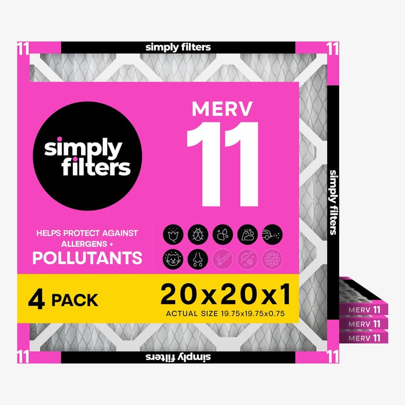Simply 20x20x1 Air Filter, Merv 11, 4 Pack, For Home AC Furnace & HVAC (Actual Size: 19.75"x19.75"x0.75") DUST, Pet, & Allergy Control