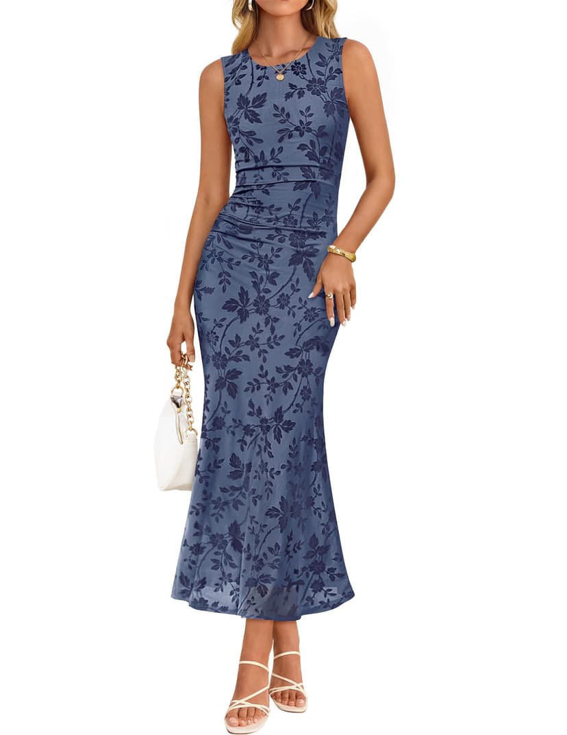 ZESICA Women's Sleeveless Floral Bodycon Maxi Dress 2026 Summer Ruched Mesh Wedding Guest Cocktail Party Dresses
