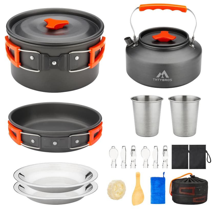 THTYBROS 17pcs Camping Cookware Kit, 0.45Gal Pot, 7inches Pan,0.30Gal Kettle Set with 2 Set Stainless Steel Cups Plates Forks Knives Spoons for Hiking