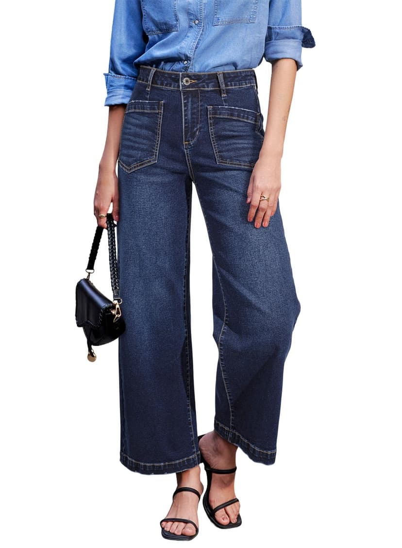 Sidefeel Wide Leg Jeans for Women High Waisted Stretchy Ankle Denim Pants | Soft Comfy Denim Jeans, Four Patch Pockets with Distressed Details, Up to 28'' Inseam, Versatile Outfits for Casual Vacation