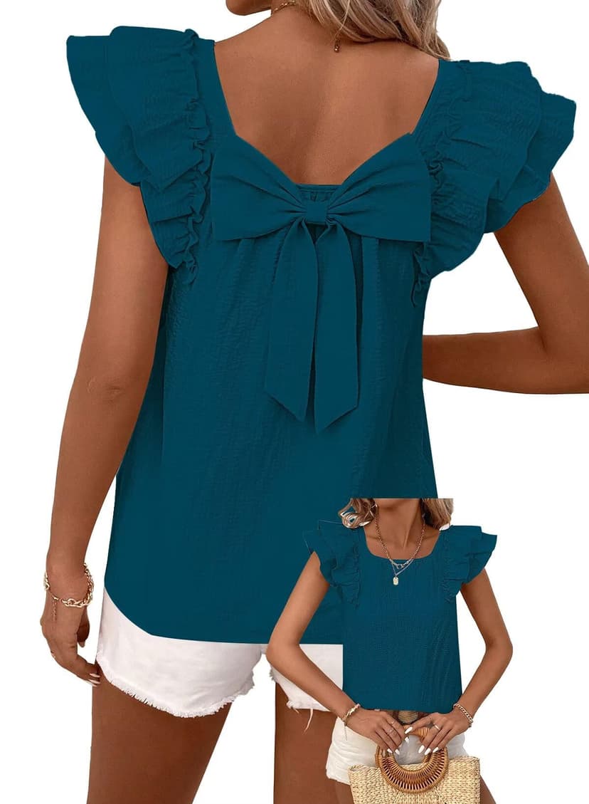 Falechay Womens Bow Tie Back Tops Round Neck Ruffle Short Sleeve Shirts Cute Babydoll Chiffon Tee Women Summer Trendy Tunic