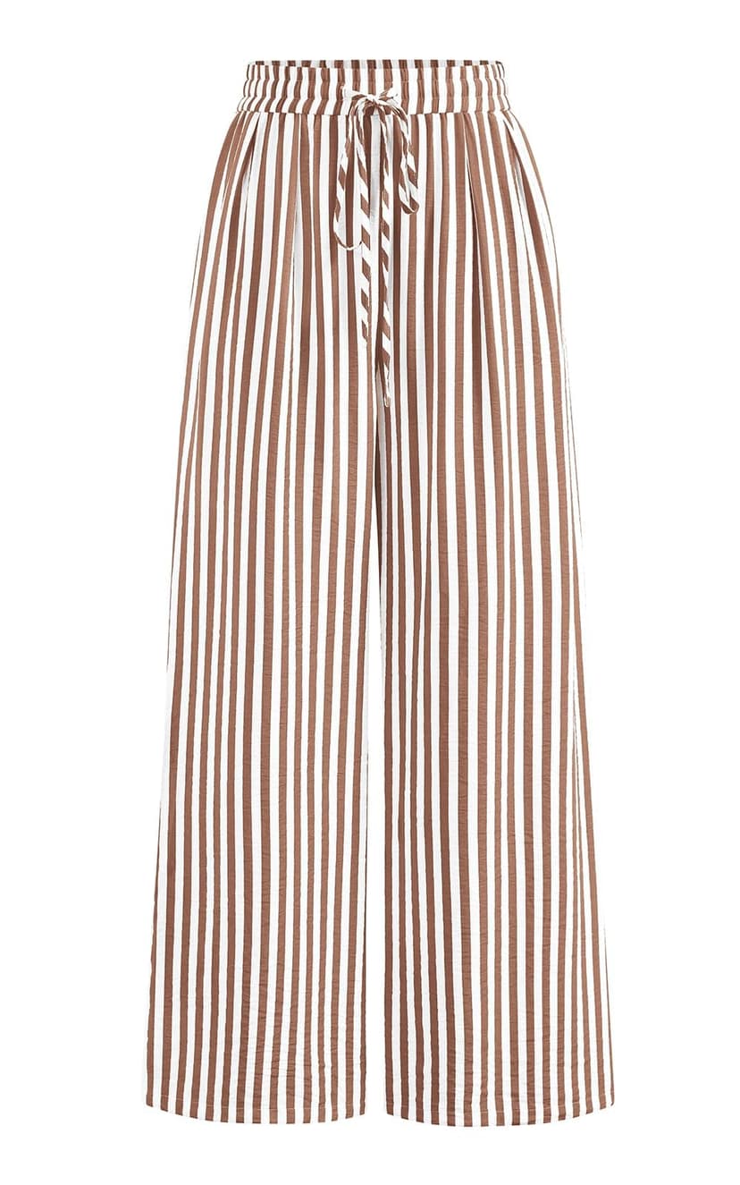 PRETTYGARDEN Womens Pants Elastic Waist Striped Lightweight Palazzo Pant | Casual Lounge Wide Leg Pants Woman with Pockets, Floral Print, Gingham Textured Cute Pants, Drawstring, Flowy Summer Outfits