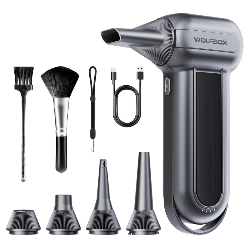 WOLFBOX MF100 Compressed Air Duster, 150000RPM Turbo Fan, 45 m/s Airflow | 3-Gear Adjustable Speed, Type-C Fast Charging, Lightweight 0.66 lb, 5 Nozzles & 2 Brushes, For Computer Keyboard Car Outdoor