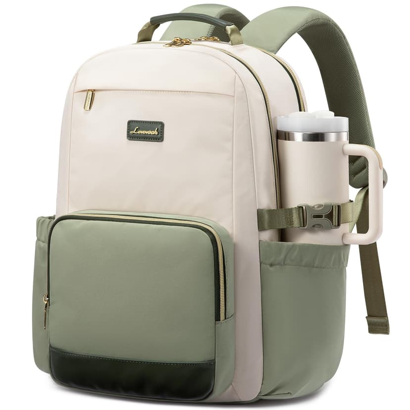 LOVEVOOK Laptop Backpack for Women with Pouch Pocket for Large Capacity Cup,18 Inch Laptop Computer Bag Travel Backpack Purse,Waterproof Work College Teacher Bags,White-Bean Green-Dark Olive Green