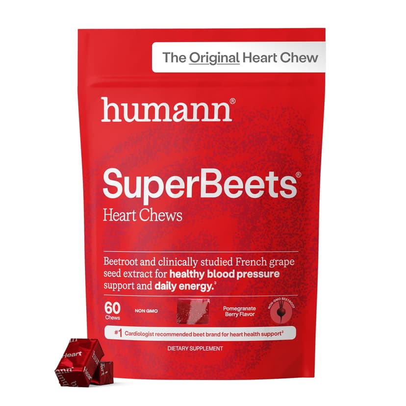 HumanN SuperBeets Heart Chews, Pomegranate Berry Flavor, 60 Ct | Blood Pressure Support, Nitric Oxide, Heart Health & Energy, Beet Root Powder & Grape Seed Extract, Once Daily, Made in USA