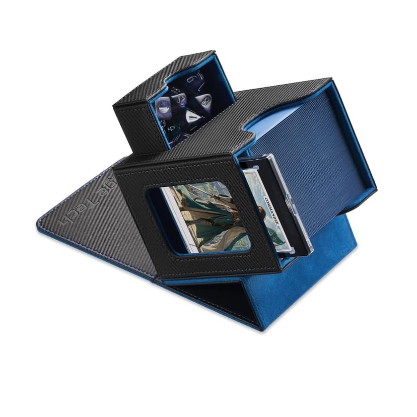 Mage Tech Card Deck Box for MTG Commander - Patented Design, Commander Display, Fits 100 Double-Sleeved Cards, 35pt Card Brick & Dice Tray - Black/Blue