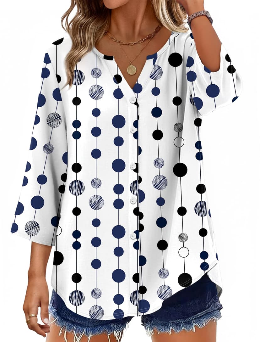 OFEEFAN Button Down Shirts for Women 3/4 Length Sleeve Tops V Neck Blouses Business Casual Outfits Loose Fit