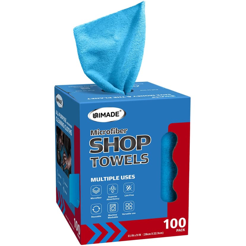 UNIMADE Shop Towels, 100 Sheets Microfiber Cleaning Cloth | Commercial Grade Washcloths Lint-Free Bulk Shops Rags for Cars Mechanic Restaurant Garage Housekeeping, 11"x 9", Blue