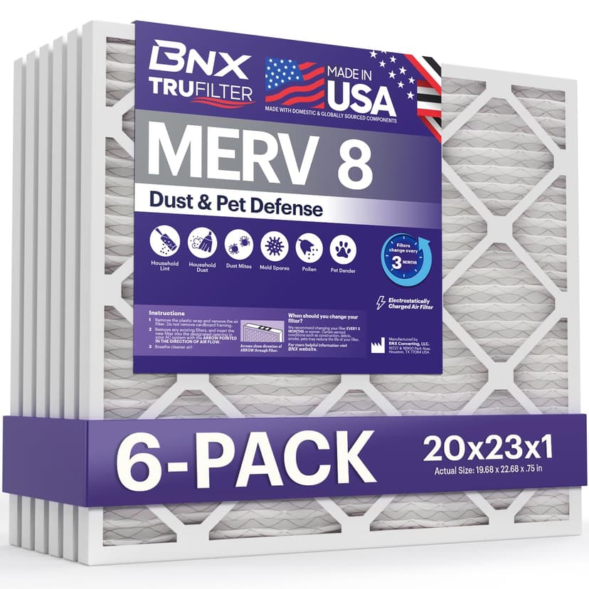 BNX TruFilter 20x23x1 Air Filter MERV 8 (6-Pack) - MADE IN USA – Dust & Pet Defense Electrostatic Pleated Air Conditioner HVAC AC Furnace Filters for Dust, Pet, Mold, Pollen MPR 600 – 700 & FPR 5