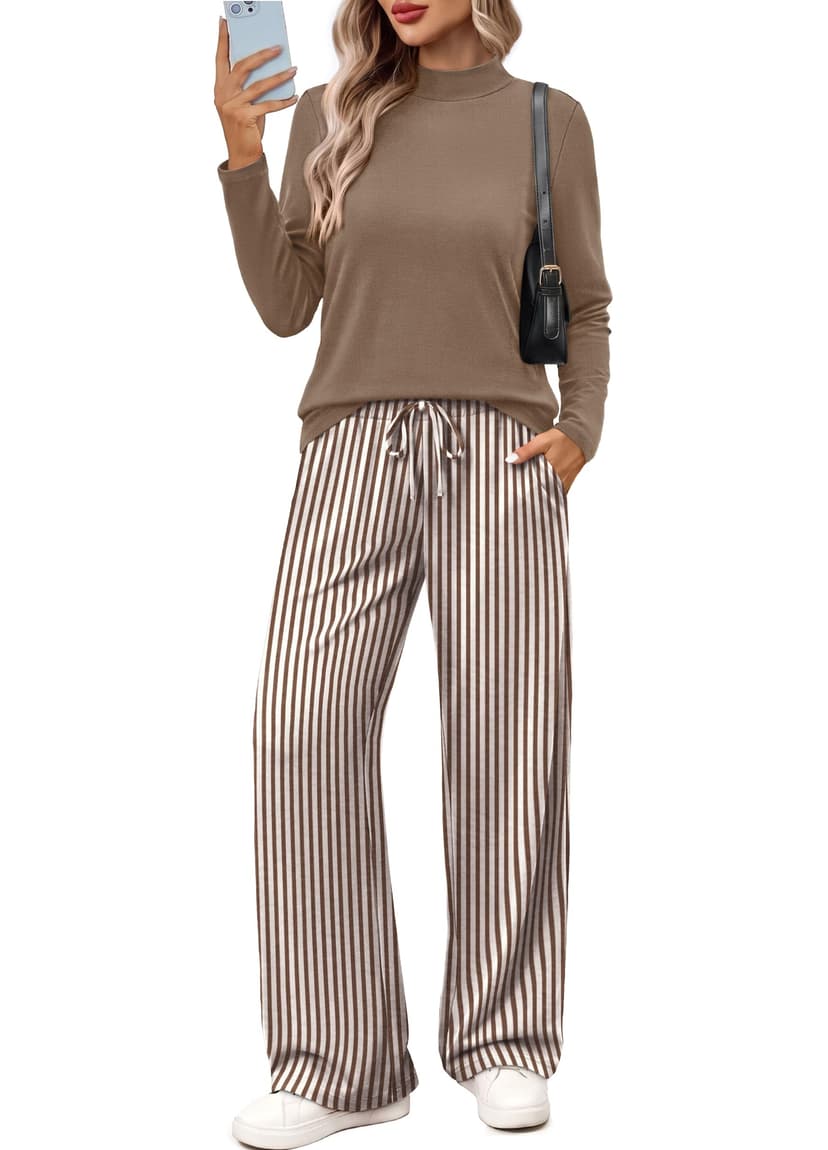 WIHOLL Two Piece Sets for Women Fall Outfits Mock Neck Tops and Wide Leg Pants Lounge Matching Set Fashion Clothing