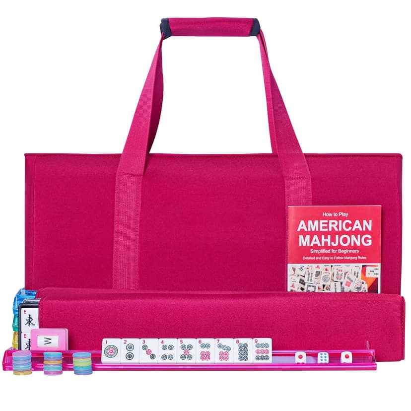 GUSTARIA American Mahjong Tile Set, 166 Premium White Tiles, 4 All-in-One Color Rack/Pushers, Complete Mahjong Tiles Set Red Carrying Bag