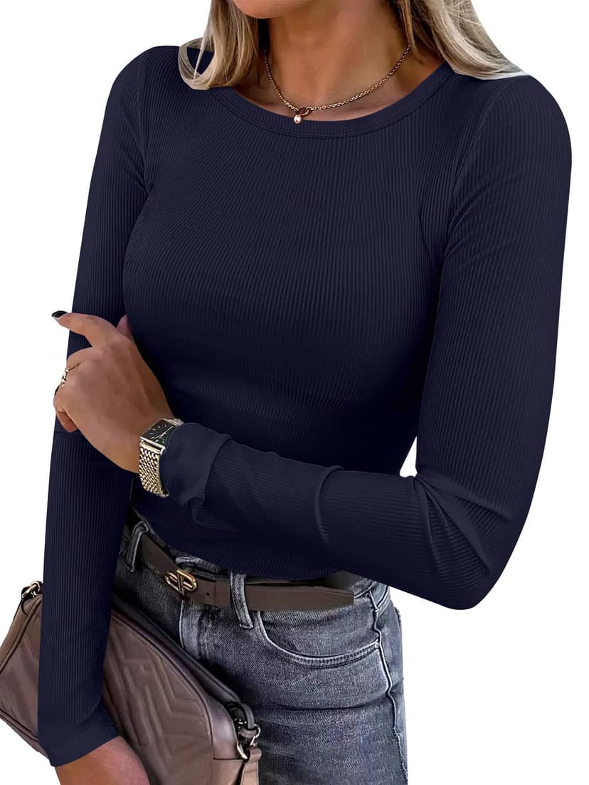 ANRABESS Women Long Sleeve Shirts Ribbed Fitted Tops | Slim Basic Tee,2026 Fall Outfits,Lightweight Knit T-Shirt,Soft Underscrub,Winter Layer Clothing,Casual Work & Everyday Wear