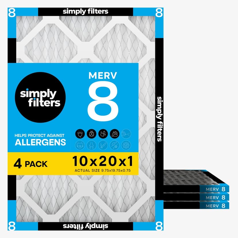 Simply 10x20x1 Air Filter, Merv 8, MPR 600, 4 Pack, Furnace Air Filter for HVAC (Actual Size: 9.75"x19.75"x0.75") DUST, Pet, & Allergy Control