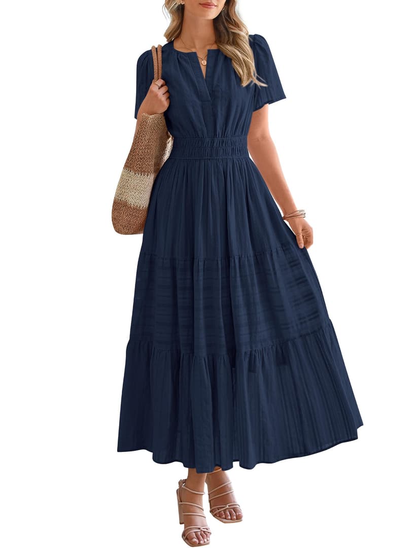 BTFBM Womens Summer 2026 Casual Midi Maxi Dresses Lightweight Short Sleeve V Neck Elastic Waist Boho Beach Dress Pockets