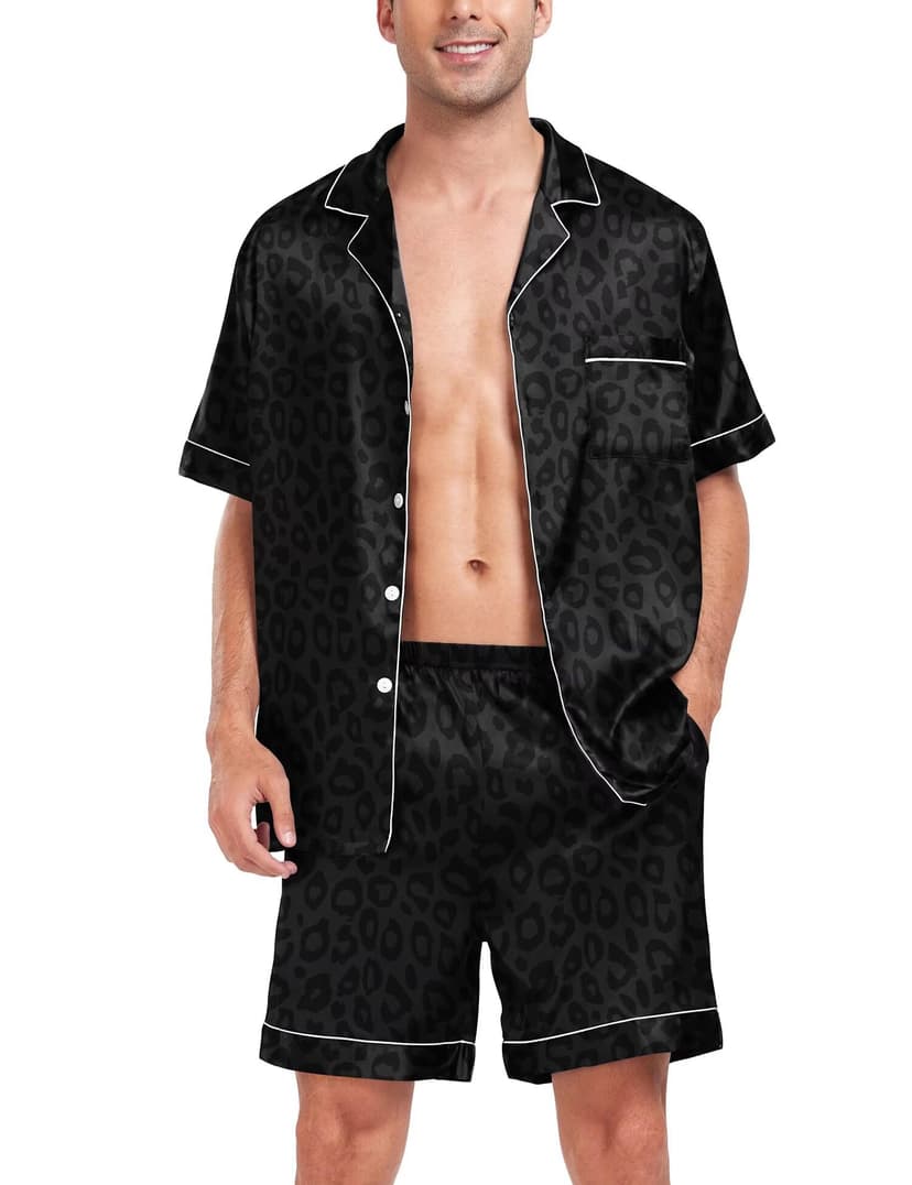 SWOMOG Men Satin Silk Pajamas Sets Short Sleeve Sleepwear Button-Down PJs Sets Two-Pieces Loungewear with Pockets