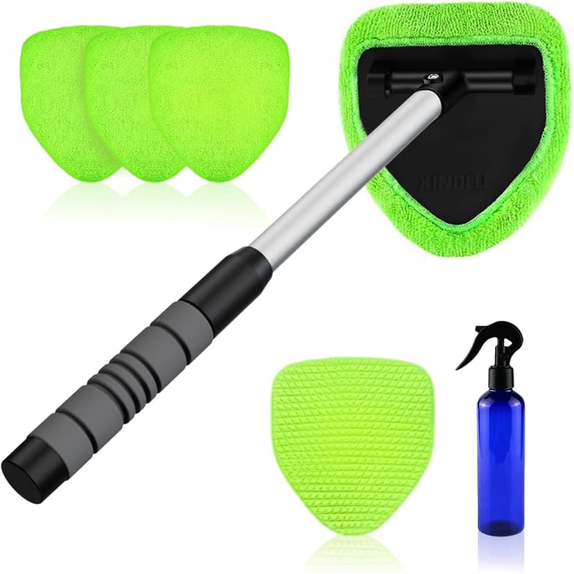 XINDELL Windshield Cleaner Tool – Car Interior Window Cleaning Kit with Extendable Handle & 4 Microfiber Pads, Auto Wiper Inside Windshield Brush for Car & Home Windows