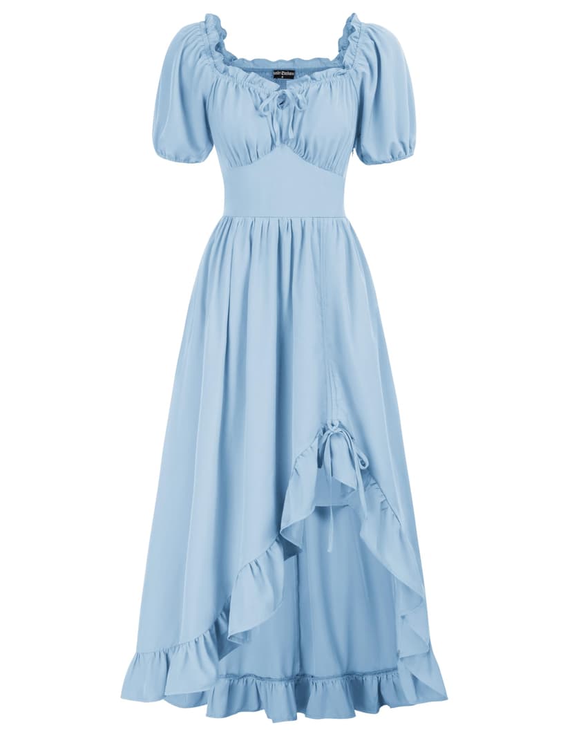 Scarlet Darkness Renaissance Dress Women Corset Medieval Pirate Costume | Off shoulder, puff sleeve, high-low ruffle hem, with pockets, for ren fairs, Halloween, parties and casual daily