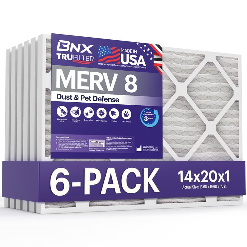 BNX TruFilter 14x20x1 Air Filter MERV 8 (6-Pack) - MADE IN USA – Dust & Pet Defense Electrostatic Pleated Air Conditioner HVAC AC Furnace Filters for Dust, Pet, Mold, Pollen MPR 600 – 700 & FPR 5