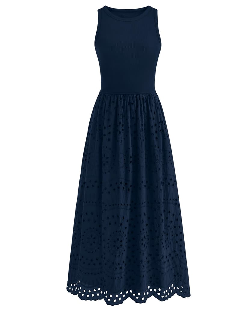 dowerme Women Summer Dresses 2026 Casual Sleeveless Crewneck A-Line Boho Lace Eyelet Cotton Tank Maxi Dress with Pockets