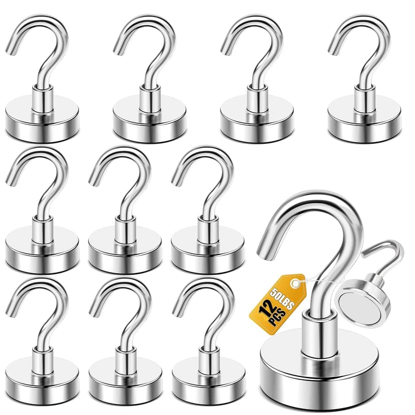 DIYMAG Magnetic Hooks 12pcs 50lbs Cruise Essentials 2026 Magnet Hook | Neodymium Heavy Duty Strong Magnets Hanging Ship Cabins Refrigerator Fridge Classroom Beach Vacation Kitchen Grills Home Tool