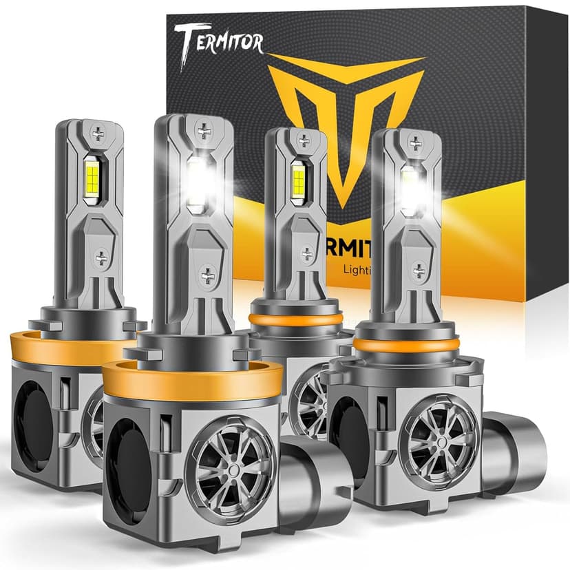 Termitor H11/H9 & 9005/HB3 LED Bulb Combo, 15X Output 150,000LM 6500K, IP68 Waterproof 1:1 Halogen Fit, Canbus Ready, Extended Life Plug & Play, Pack of 4
