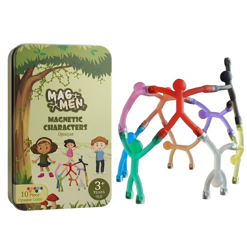MAGMEN 10-Piece Magnetic Fidget Figures with Storage Tin - Opaque-Color Magnetic Character Figures for Kids & Adults - Quiet Airplane & Road Trip Travel Toy - Screen-Free Sensory Desk Toy