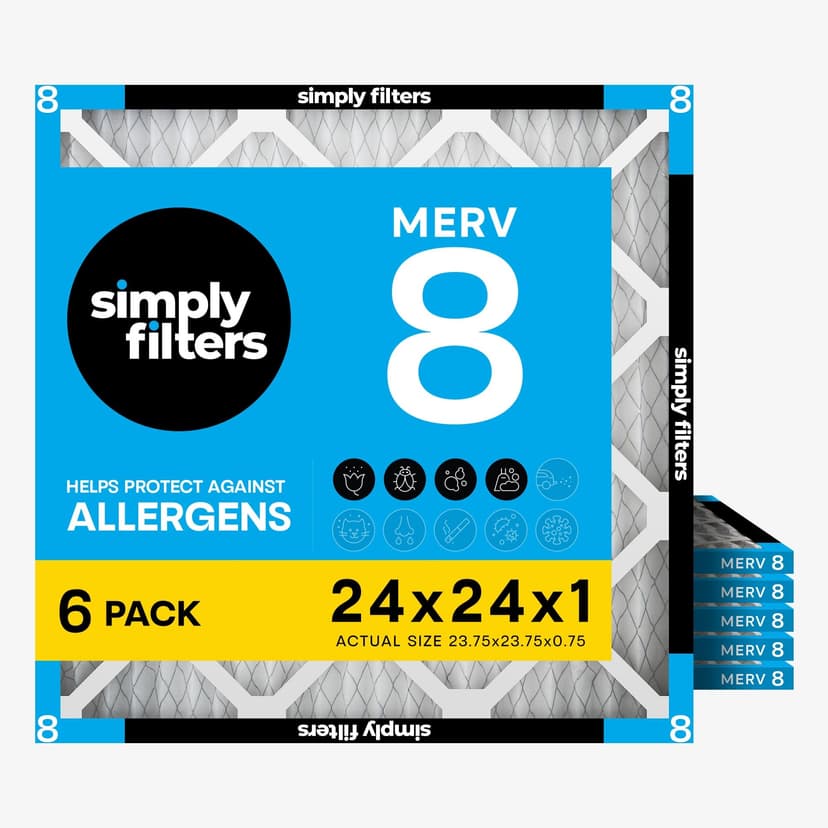 Simply 24x24x1 Air Filter, Merv 8, 6 Pack, For Home AC Furnace & HVAC (Actual Size: 23.75"x23.75"x0.75") DUST, Pet, & Allergy Control