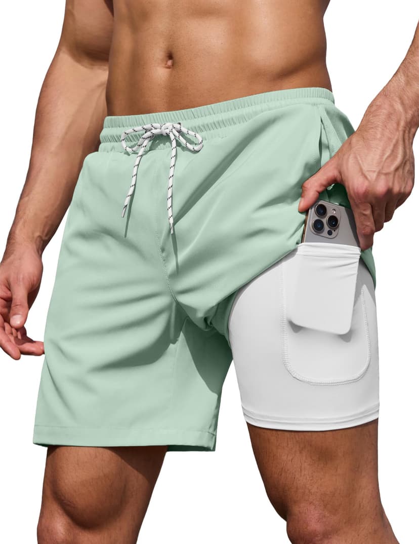 COOFANDY Men's 7" Swim Trunks with Compression Liner Stretch Swimming Shorts with Zipper Pockets