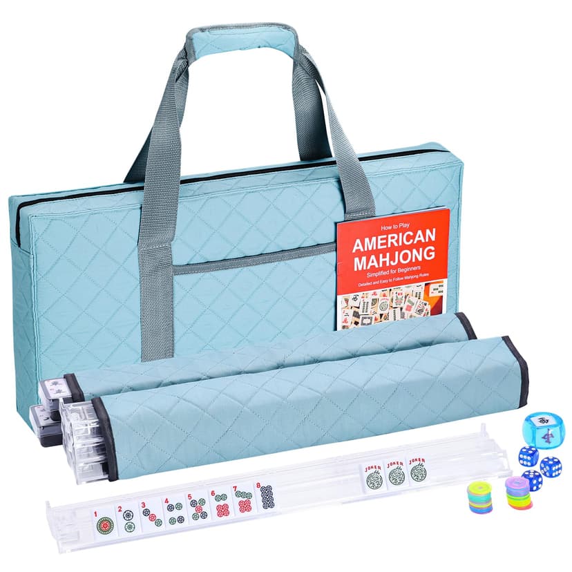 Majolicia American Mahjong Tile Set Complete, 166 White Tiles with Accessories, 4 Mahjong Racks with Pushers, Mahjong Set with Blue Carrying Bag for Beginners (Ma Jong, Mah-Jongg)