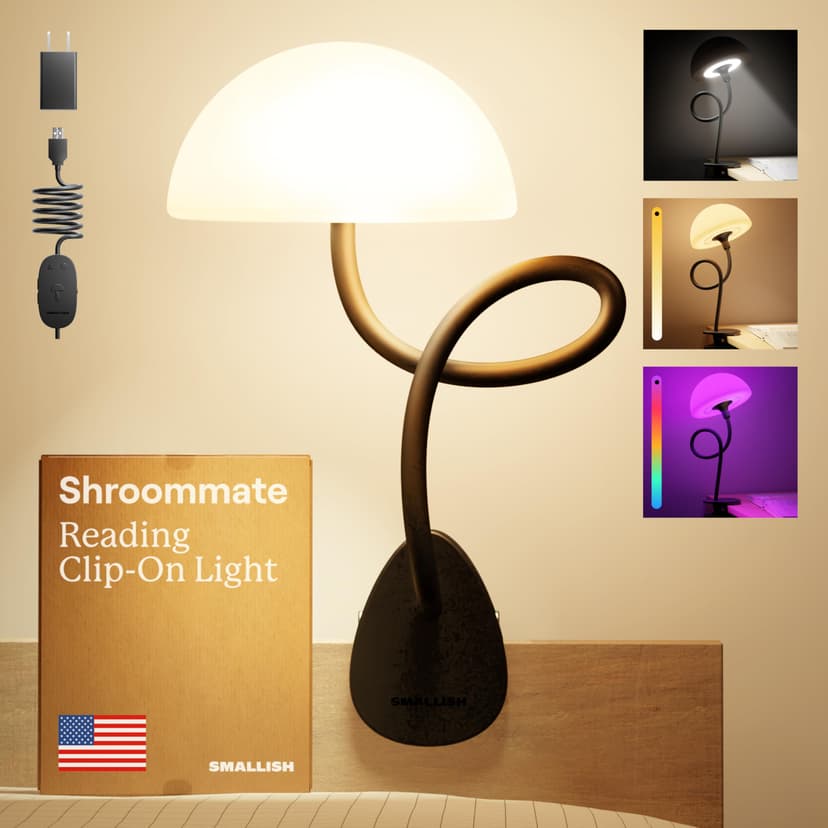 Shroommate Dorm Room Essential Clip On Bed Light - Headboard and Bedside Table Lamp, Flexible Reading Lamp, Night Light for Kids Nursery, Clip on for Desk, MultiColor LEDs, Adapter Included (Black)