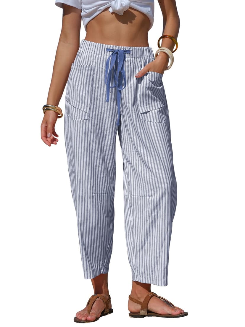 Byinns Womens Faux Linen Striped Barrel Pants Comfy Drawstring Capri Pant Summer Beach Vacation Lounge Trousers with Pockets