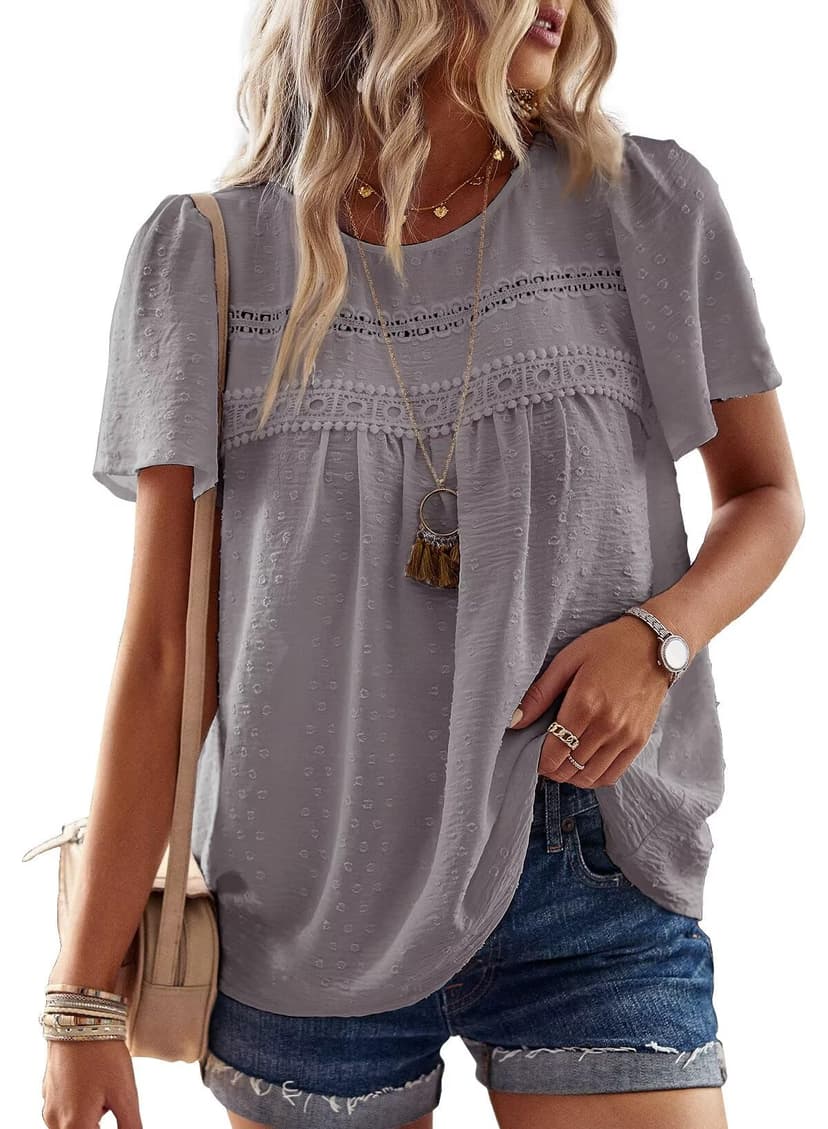 Falechay Womens Summer Tops Flowy Boho Shirts Dressy Casual Short Sleeve | Crewneck Loose Fit Blouses, Hide Belly Fat, Lace Hem Ladies Tunic, Babydoll Crochet Clothes, Swiss Dot, Work, Vintage, XS-6XL