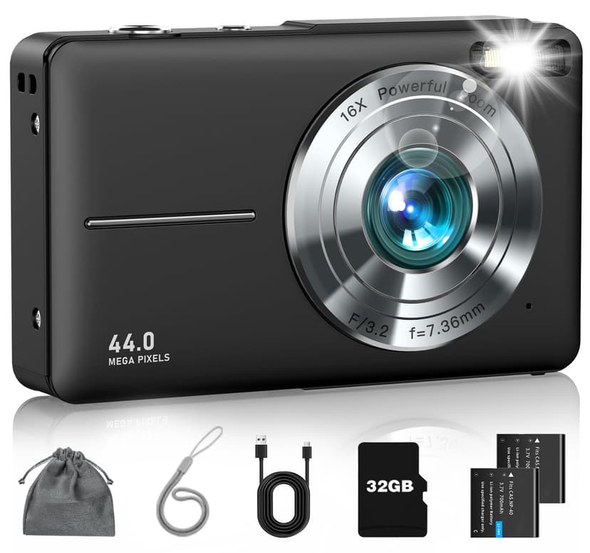 Digital Camera, FHD 1080P Point and Shoot Camera with 16X Zoom Anti Shake, Compact Small Portable for Boy Girls(Deep Black)