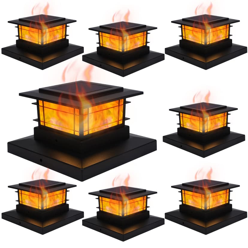 Dynaming 8 Pack Solar Post Cap Lights Outdoor with Flickering Flame Light, Fence Post Solar Lights Fit for 4x4 5x5 6x6 Vinyl/Wooden Posts, High Brightness SMD LED Lighting Decor for Garden Deck Patio