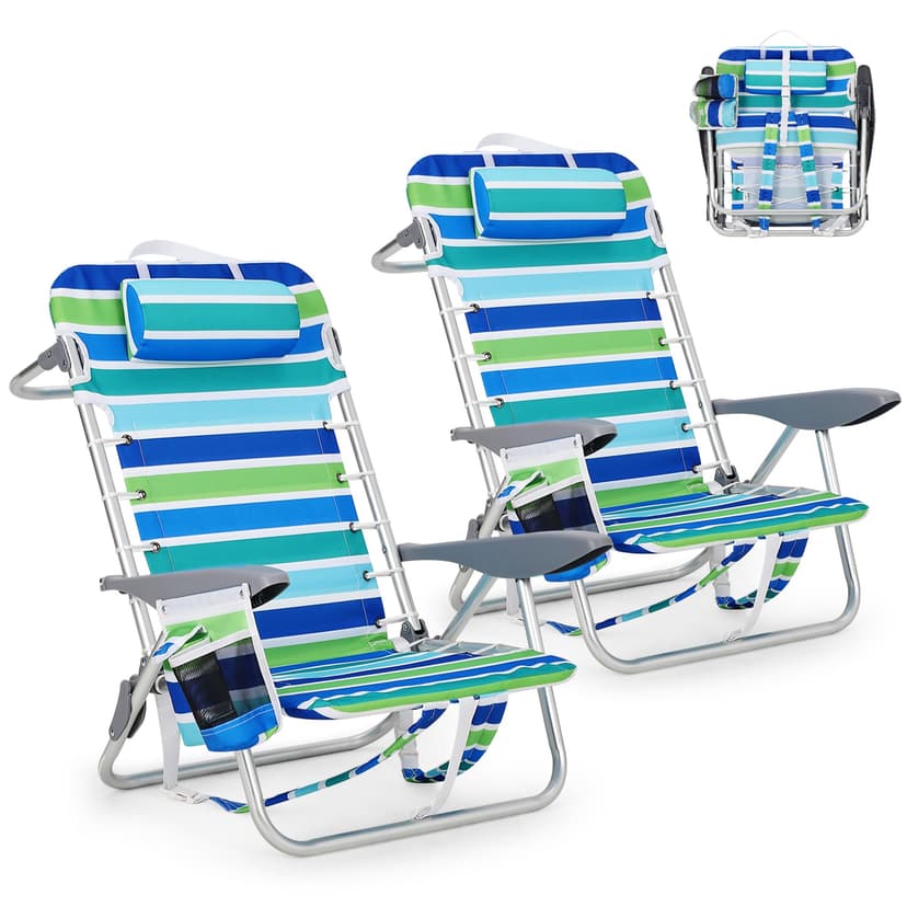 GarveeLife Backpack Beach Chair for Adults 2 Pack, Lightweight Portable Lay Flat Folding Beach Chair with 5 Positions, Backpack Straps, Phone Pocket, Cup Holder & Towel Bar, Support to 350LBS