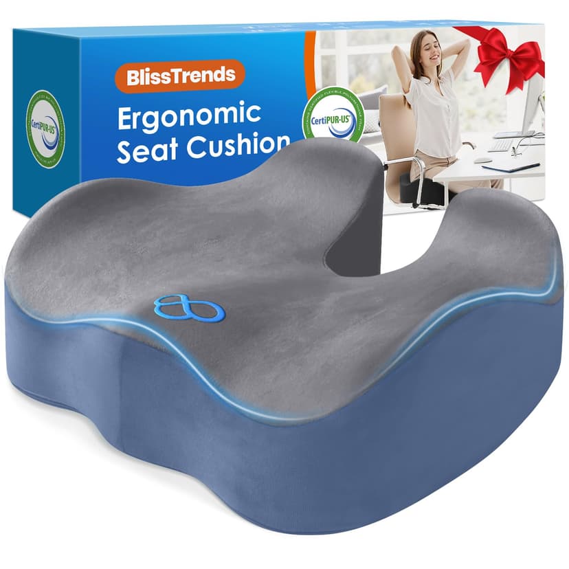 BlissTrends Seat Cushion,Thick Memory Foam Cushions for Office Chair, Car Seat, Airplane, Relieving Pressure Tailbone Sciatica Back Pain for Office Workers, Car Drivers 4.7in Thick Dark Grey&Blue