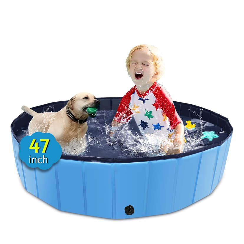 CACSPS Foldable Dog Pool, 47" x 12" Kiddie Pool with Hard Plastic, Non-Slip Dog Bath Tub for Outdoor Backyard, Collapsible Dog Swimming Pool for Kids Dogs Pets (Blue)