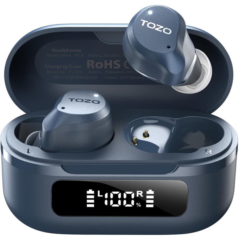 TOZO NC9 Hybrid Active Noise Cancelling Wireless Earbuds, 60H, LED Display | 6 Mic ENC Clear Calls, Deep Bass Sound, IPX8, in Ear Bluetooth 5.3 Headphones,32 EQs via APP, Comfort Fit Ear Buds, Blue