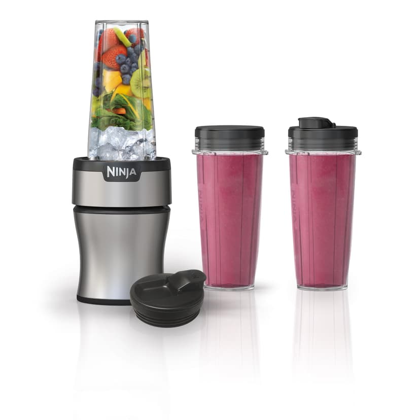 Ninja Nutri-Plus Personal Blender, 900PW, (3) 20oz Cups, Silver, BN301 | 900-peak-watt push-to-blend motor for smoothies & sauces. (3) 20-oz cups, 2 spout lids & storage lid. Dishwasher safe.