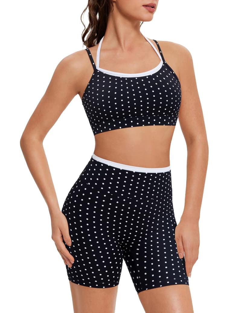 OMKAGI Workout Sets for Women Cute Doubel Layer Open Back Sports Bras Gym Shorts Outfits