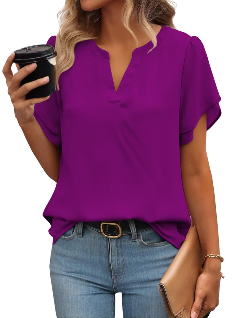 Zeagoo Womens Dressy Casual Shirts Short Sleeve V Neck Work Blouse Business Casual Summer Chiffon Tops