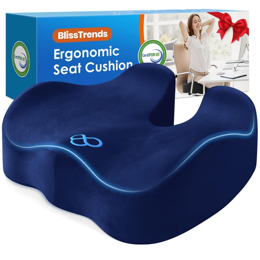 BlissTrends Seat Cushion,Thick Memory Foam Cushions for Office Chair, Car Seat, Airplane, Relieving Pressure Tailbone Sciatica Back Pain for Long Sitting Office Workers, Car Drivers 4.7in Thick Blue