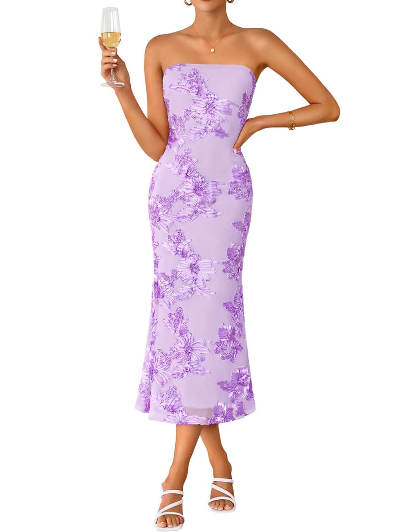 ZESICA Cocktail Wedding Guest Dresses for Women 2026 Summer Strapless Floral Bodycon Mesh Tube Formal Party Midi Dress