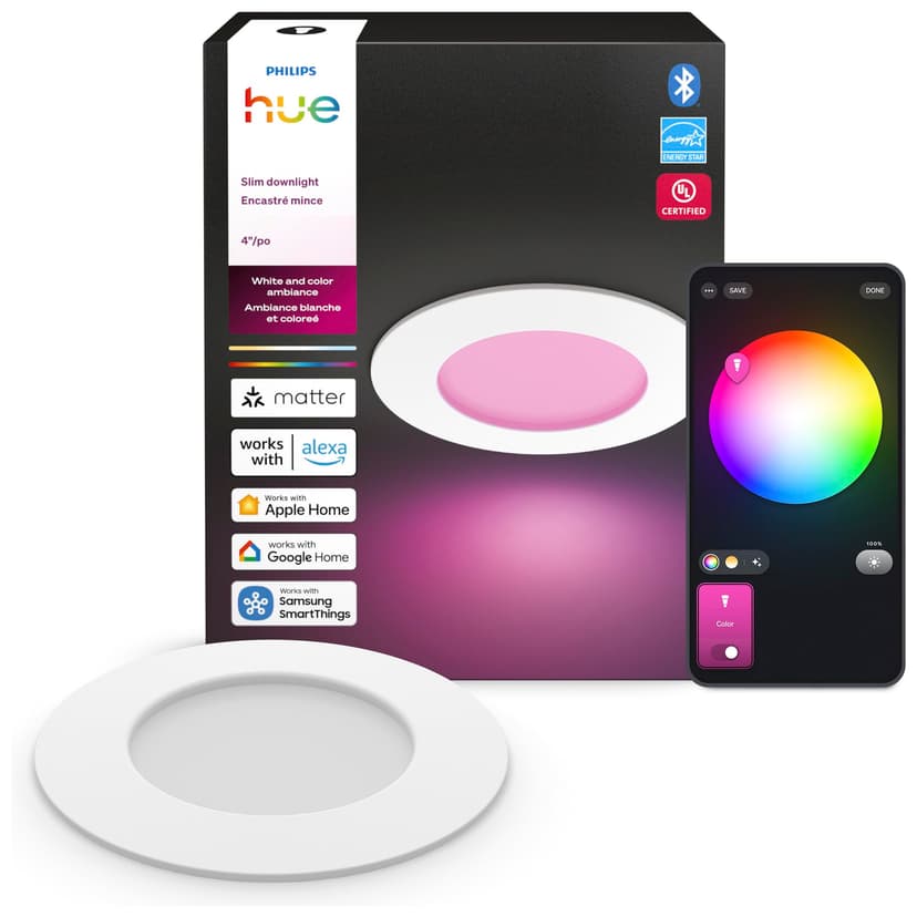 Philips Hue Slim Downlight, Recessed LED Ceiling Light, 1-Pack, White | 4-Inch, Canless Design, Full-Spectrum Daylight 1000K-20000K, 800 Lumens, Ultra-Low Dimming, Precise Color, Smart Lighting