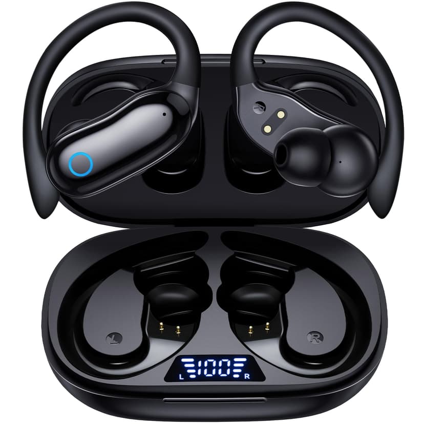 GNMN Active Noise Cancelling Ear Buds Wireless Earbuds 96hrs Playback Bluetooth Headphones Dual Battery Display Stereo Bass Earphones with Earhooks Microphone IPX7 Waterproof for Sports/Runing/Workout