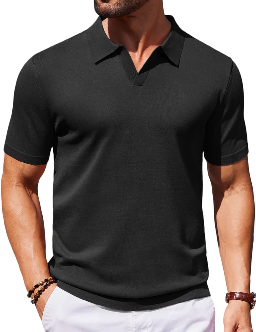 COOFANDY Men's V Neck Short Sleeve Stretch Knit Polo Shirt