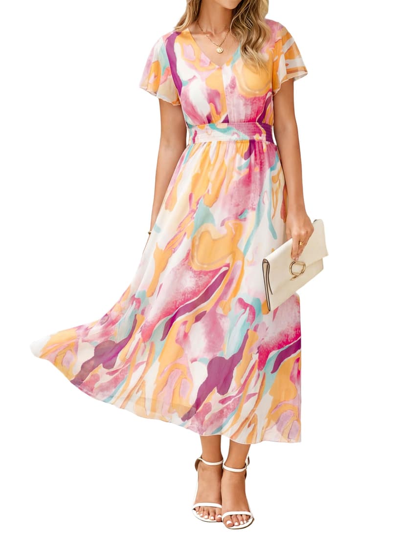 Simplee Womens Floral Maxi Dress - Short Sleeve Summer Boho Wedding Guest Dress Empire Waist Chiffon Modest Midi Dresses