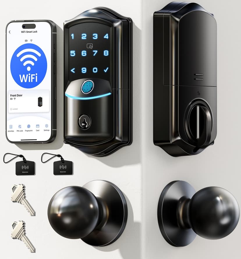Veise VE027-K WiFi Smart Deadbolt Locks with 2 Knobs Set, Matte Black | Built-in Wi-Fi, 0.2s Fingerprint, App Remote Control, Works with Alexa, Backlit Touchscreen, IP65 Waterproof, for Front Door